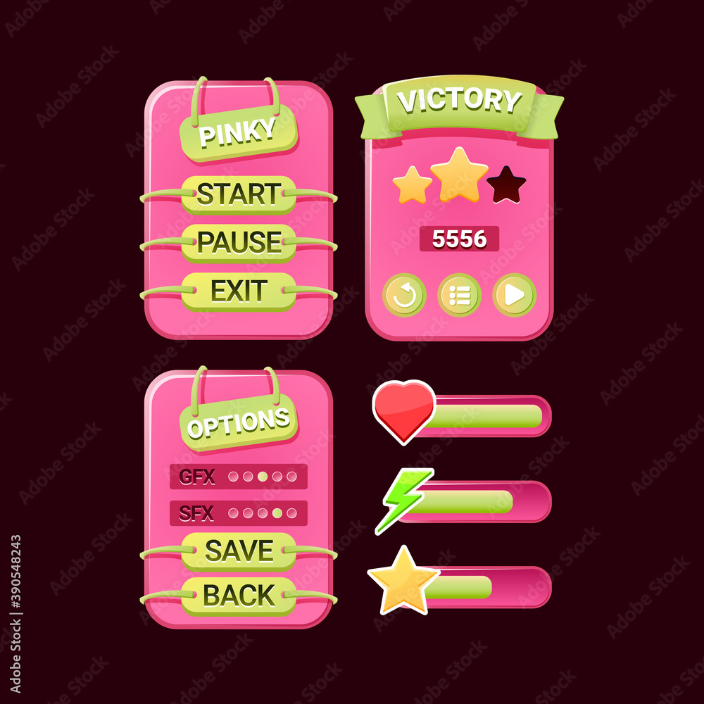 Poster set of pinky game ui board pop up with options menu, level victory, main screen, and bar for gui ass