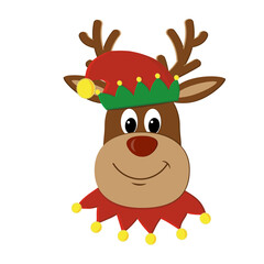 Deer in an elf costume, isolated color vector illustration in flat style, clipart, design, decoration, icon, sticker