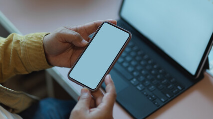 Male office hands using on smartphone screen, include clipping path