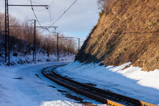 railroad in mountains. frosty winter landscape. transportation scenery