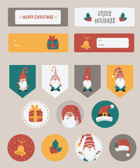Christmas set with Christmas notes, stickers, labels, stamps, tags with winter christmas illustrations.
