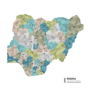 Nigeria higt detailed map with subdivisions. Administrative map of Nigeria with districts and cities name, colored by states and administrative districts. Vector illustration 