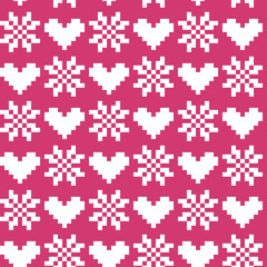 Fototapeta na wymiar Seamless winter pattern with snowflakes and hearts.