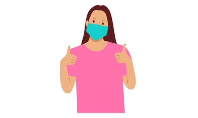 Woman wearing medical face mask and showing thumbs up sign