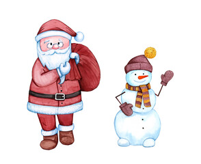 Watercolor Santa Claus and snowman cartoon isolated on white background. Cute funny Christmas characters in flat style. New year's set