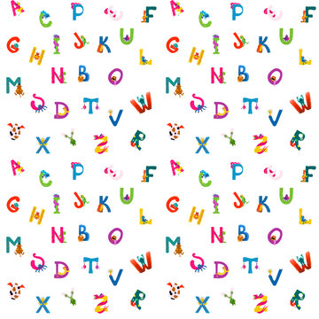 Seamless vector pattern of cartoon alphabet letters. Calligraphy by hands. Characters of cute monsters and written signs. Bright isolated elements on a white background. Design for teaching children
