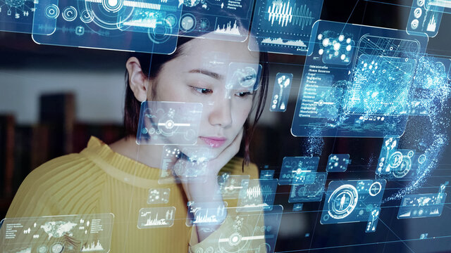 ホログラム画面を見る女性 - Powered by Adobe