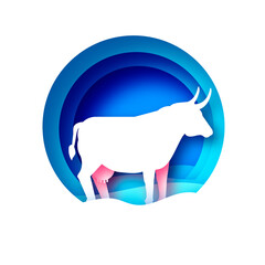 Cow symbol. Bull New Year. Happy New Year. Bull, ox, cow. 2021 Lunar horoscope sign in paper cut style. Blue. Winter holidays