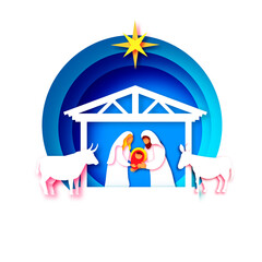 Baby Jesus Christ. Holy Child and Family. Mary and Joseph. Birth of Christ.Star of Bethlehem - East comet. Nativity Christmas in paper art style. Happy New Year. Animals. Blue.