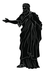 An old man with a beard in ancient Greek clothes stands and gestures. Black silhouette isolated on a white background.