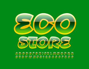 Vector business logo Eco Store. Creative glossy Font, Yellow and Green Alphabet Letters and Numbers set