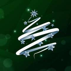 White Christmas tree with stars and lights on a green background