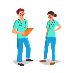 Fototapeta premium Nurse Man And Woman Medical Workers Talking Vector