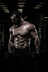 Fototapeta na wymiar strong young athlete with beard in sport gym holding dumbbells during heavy weight training workout