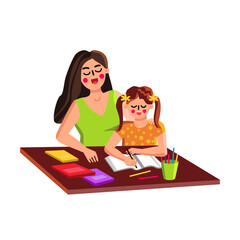 Mother Helping Daughter Kid With Homework Vector