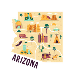 Ilustrated map of Arizona state, USA, with famous landmarks, cities - obrazy, fototapety, plakaty