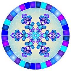 Illustration in stained glass style with an openwork snowflake on a blue background,round image in a bright frame