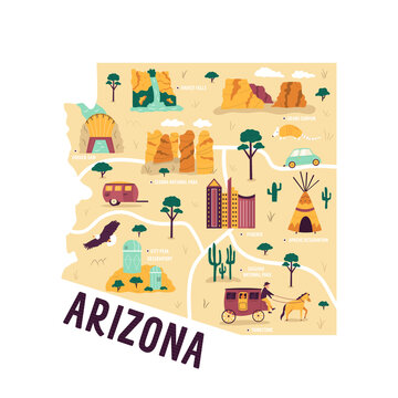 Ilustrated map of Arizona state, USA, with famous landmarks, cities