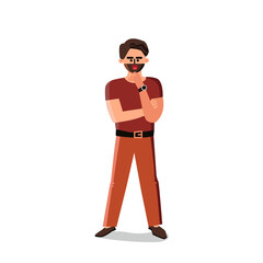 Charisma Man Posing And Touching Beard Vector
