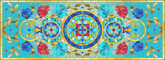 Illustration in the stained glass style with an abstract flower arrangement on a light background, horizontal image