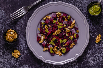 Beetroot, pesto sauce and walnut salad