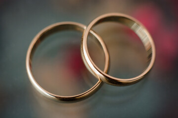 two traditional wedding gold engagement rings close-up