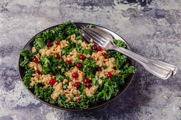 Healthy raw kale and quinoa salad with cranberry and pine nut.