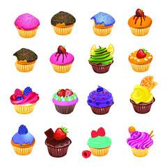 Beautiful cupcakes with colorful cream decorated with berries and fruits. Set of cupcakes