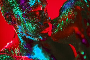People are colored fluorescent powder. a pair of lovers dancing at a disco.