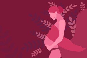 Silhouette off a pregnant woman who lovingly holds her belly on a floral background with place for your design