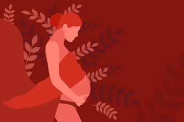 Silhouette off a pregnant woman who lovingly holds her belly on a floral background with place for your design