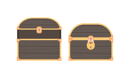 Set of vintage chests. Open and closed old chest in flat style. Vector.