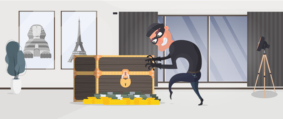 A thief steals money. A robber steals money from an old chest. Vintage chest. Vector.