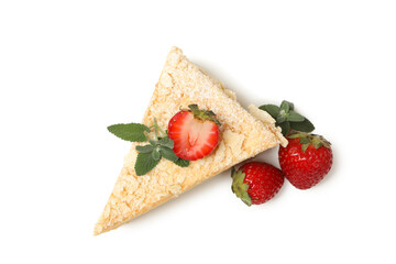 Piece of Napoleon cake with strawberry isolated on white background