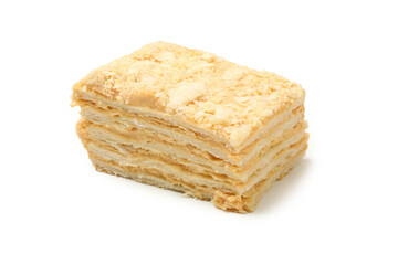 Piece of delicious Napoleon cake isolated on white background