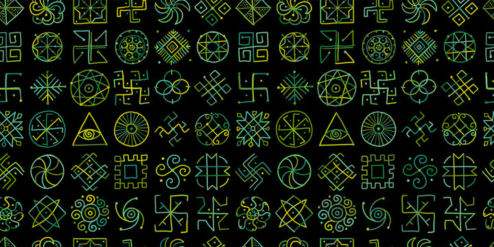 Sacred geometry background, seamless pattern. Alchemy, religion, philosophy, spirituality. Hand drawn sketch for your design