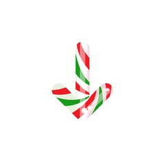 Striped peppermint candy in the shape of down arrow. Vector icon isolated on white background.