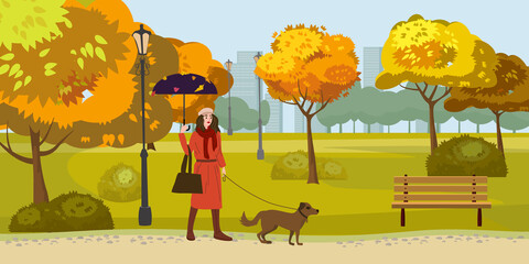 Autumn Park Young woman walks with dog, yellow orange red foliage trees, walkway bench. Fall mood outdoor cityscape. Vector isolated illustration