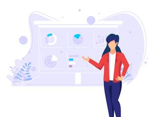 Woman give presentations to big screens online. digital concepts, remote work, and business communications. Modern flat vector illustration.