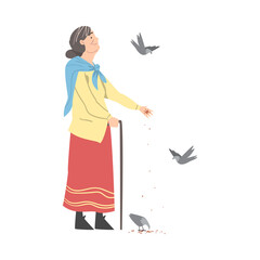 Senior Woman Feeding Birds in Park, Old Lady Daily Activity Cartoon Style Vector Illustration