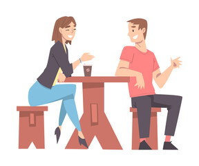 Obraz premium Young Couple Sitting at Table in Cafe, Drinking Coffee and Chatting Cartoon Style Vector Illustration