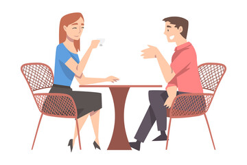 Man and Woman Sitting at Table in Cafe, Drinking Coffee and Chatting Cartoon Style Vector Illustration