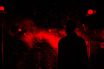 dark silhouette of a man in a hat in the rain on a night street in a city