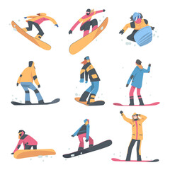 Fototapeta na wymiar People Snowboarding in Mountains Set, Snowboarders Characters Dressed in Winter Clothing Jumping, Extreme Sport Activities, Winter Vacation Cartoon Style Vector Illustration
