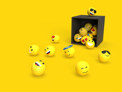 3d emoji with black box on the floor social media concept with yellow background color rendered Premium Photo