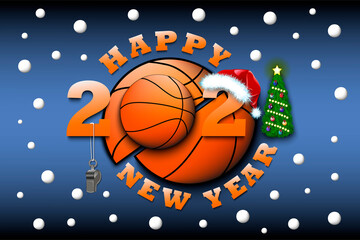 Fototapeta na wymiar Happy new year 2021 and basketball ball with Christmas ball and hat. Creative design pattern for greeting card, banner, poster, flyer, party invitation, calendar. Vector illustration