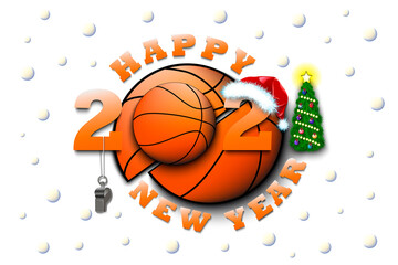Happy new year 2021 and basketball ball with Christmas ball and hat. Creative design pattern for greeting card, banner, poster, flyer, party invitation, calendar. Vector illustration