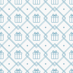 Fototapeta na wymiar Geometrical seamless pattern with gift boxes in rhombuses; for wrapping paper, greeting cards.