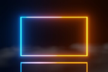 abstract technology LED screens blue orange glowing neon line animation fog background 3D rendering