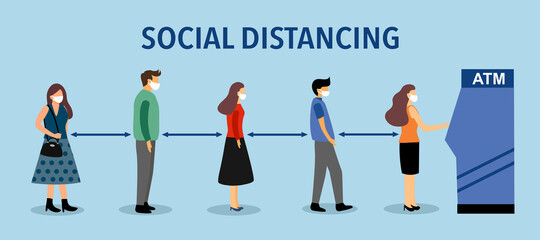 People wearing medical face mask and keep distancing while waiting in line for ATM. Social distancing awareness in Covid19 Coronavirus epidemic outbreak.